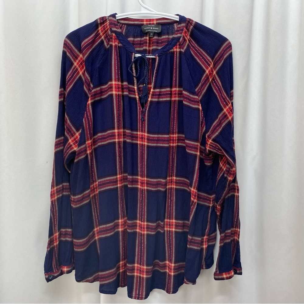 Lucky Brand women's 2x split neck popover top plaid red blue blouse plus size